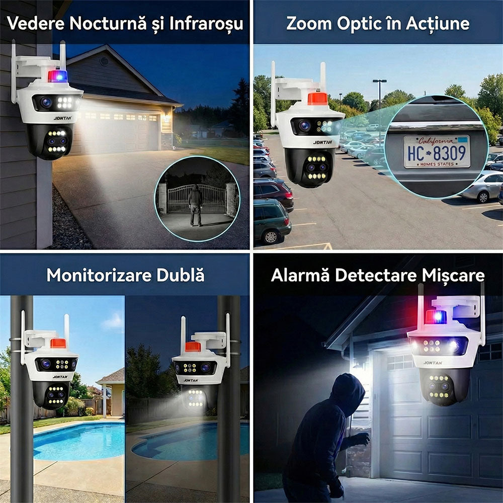 Camera de Supraveghere cu 4 Lentile, Alarma, PTZ 355°, Jortan JT-7, WiFi, IP66, HD, 12 MP, 1920 x 1080 pixeli ,Aplicatie Yoosee + Card 32GB CADOU
