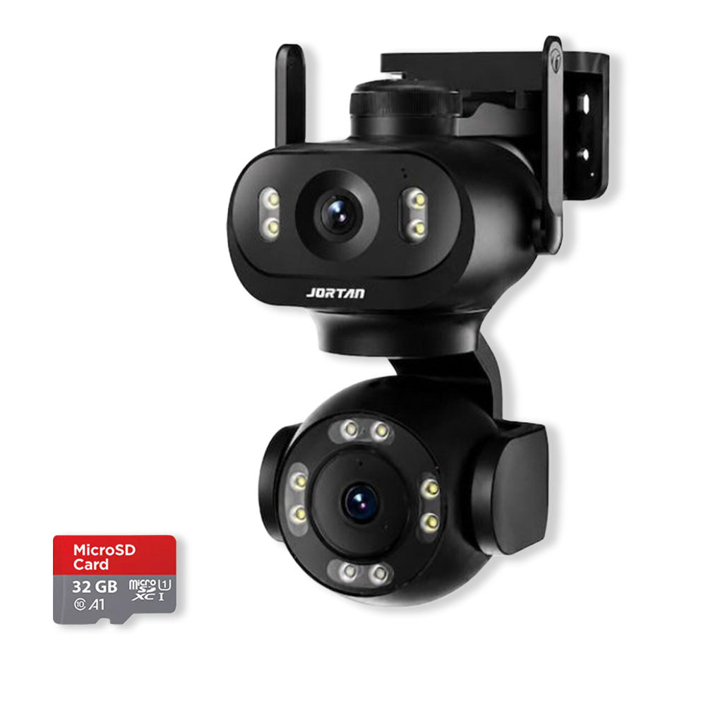 Camera de Supraveghere JORTAN JT-9680, Dual, Black WiFi, PTZ 355°, Alarma, IP66, 6 MP, HD 1920x1080, Difuzor, Microfon, NightVision + Card 32GB