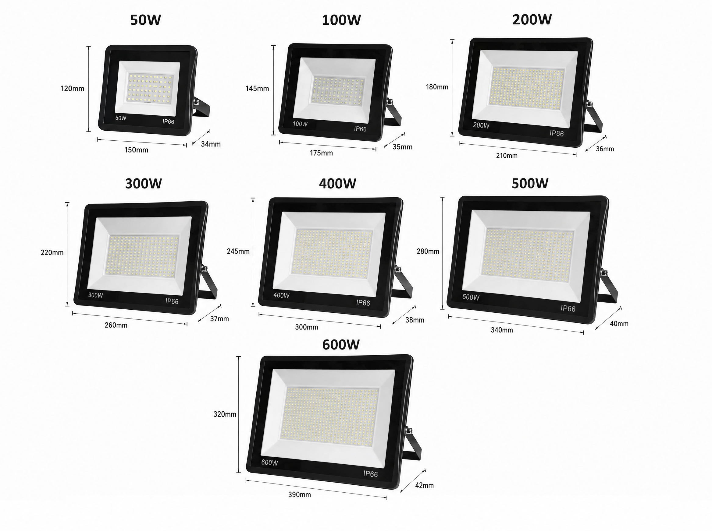 Proiector LED JORTAN Exterior 50W/100W/200W/300W/400W/500W/600W, Alimentare 230V, Lumina Calda, Carcasa Aluminiu + Sticla, IP66